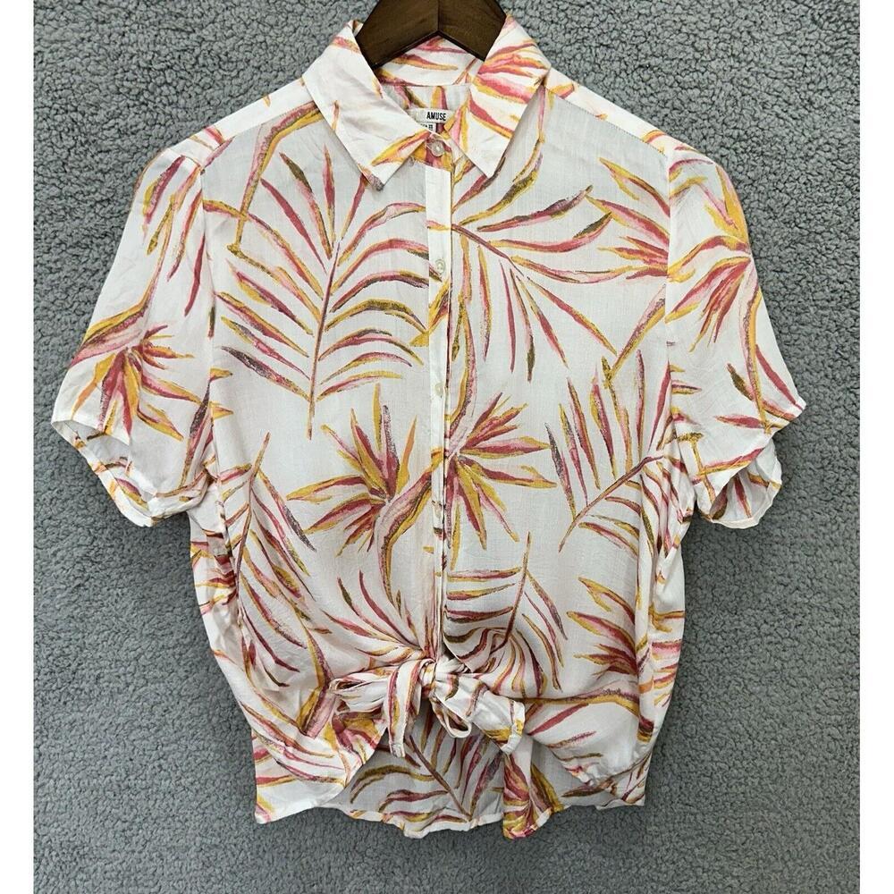Amuse Society Shirt Womens XS White Pink Tropical Palm Leaf Tie Front Button Up